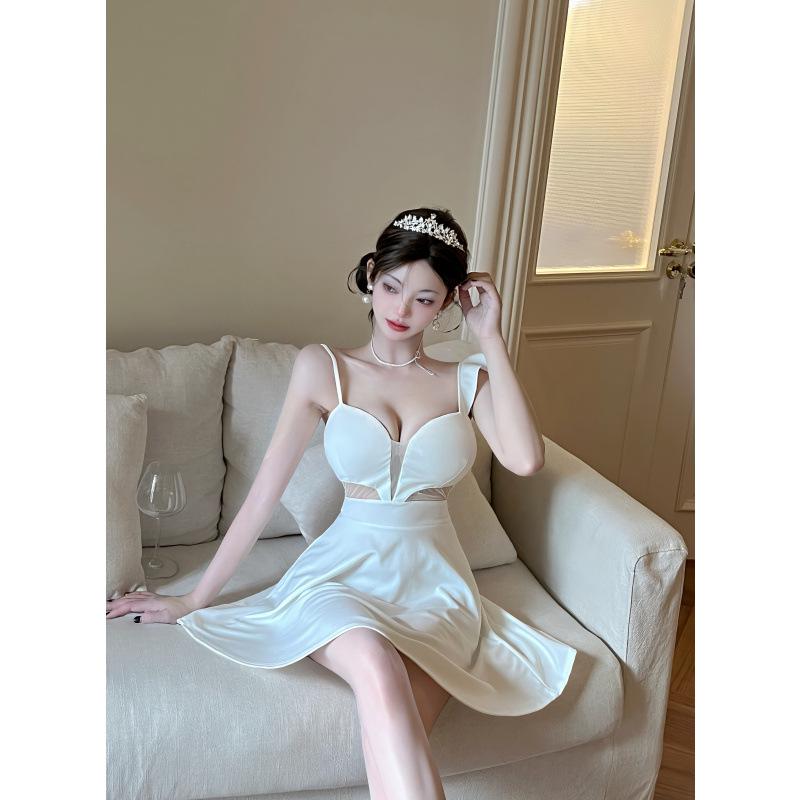 Sexy Low-Cut Spaghetti Strap Dress with Waist Cutout and Flared Mini Skirt - Nightclub Style