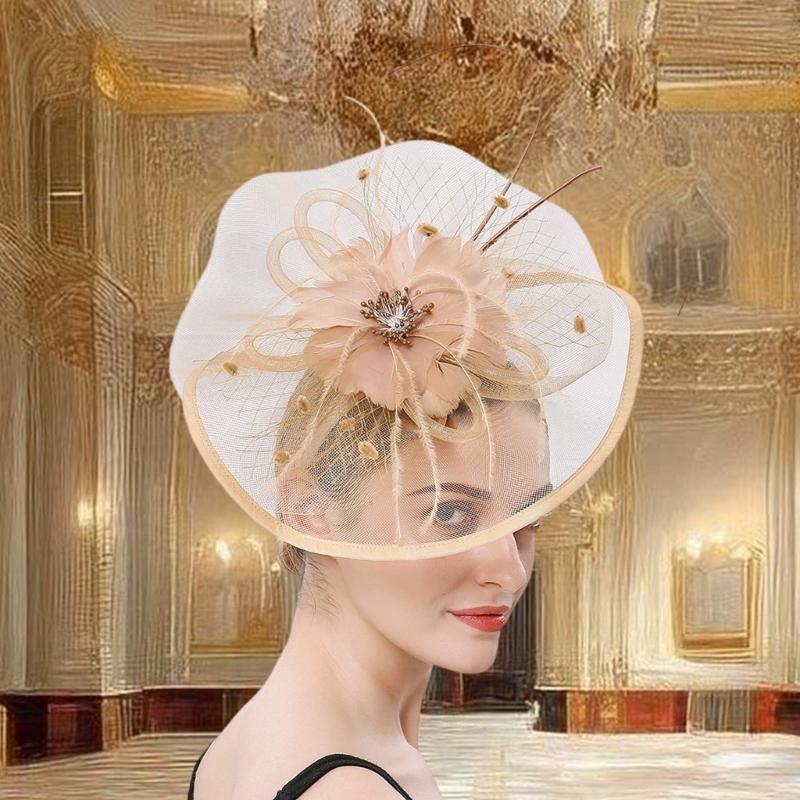 French Fascinator Hat with Necklace Gloves Ear Studs Costume Set For Horse Racing Event and Halloween Party Dressingup