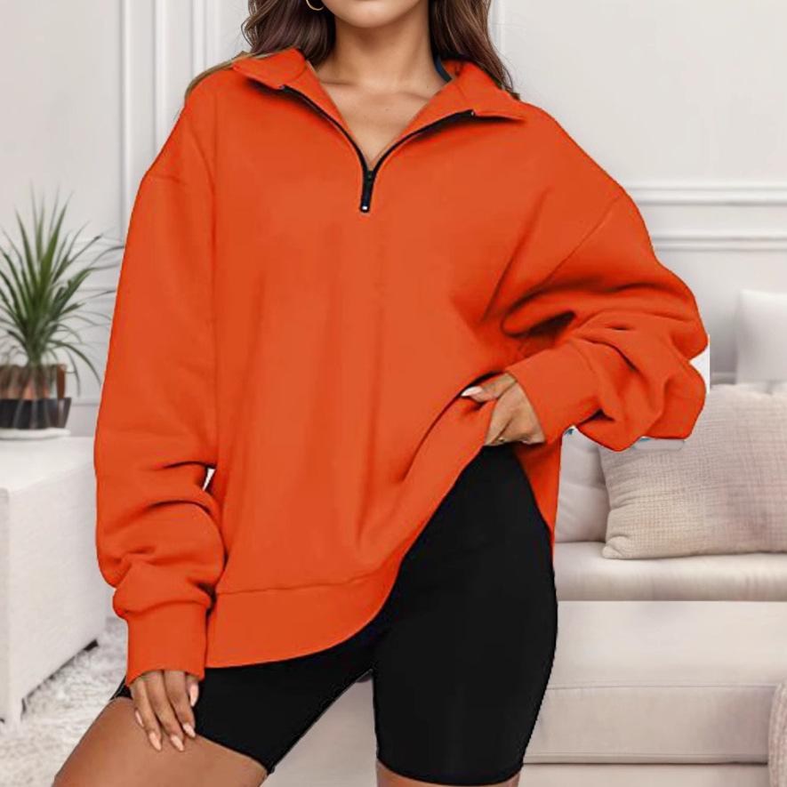 Women's Semi-Zip Loose Pullover Sweatshirt Casual Long Sleeve Hooded Top in Purple/Red/Black/White