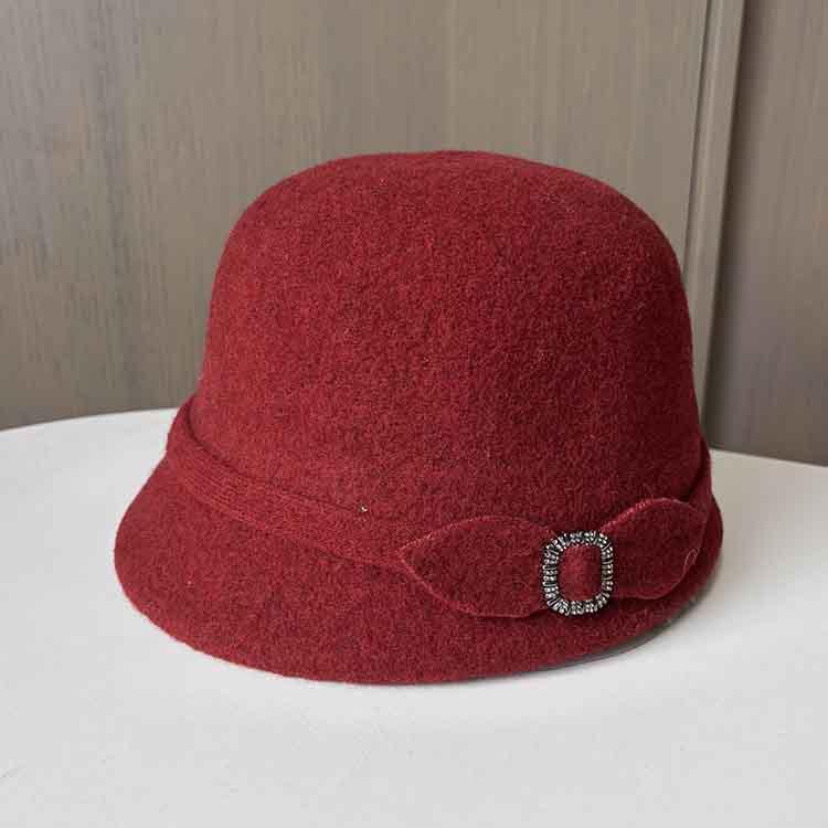 Small Brim Celebrity Temperament Retro Wool Top Hat Diamond Buckle British Fashion Autumn And Winter Thermal Basin Hat Women'S New Knitted Hat
