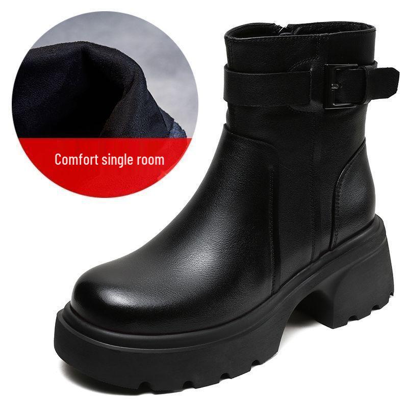 2025 Women's Genuine Leather Martin Boots - Warm, Thickened, Single Cotton Boots for Spring, Autumn, and Winter.