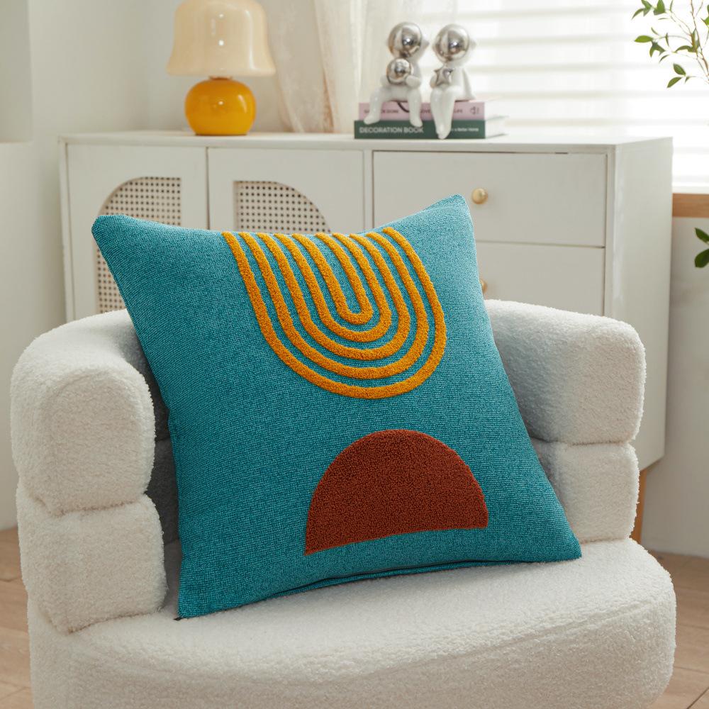 Abstract Simple Embroidery Cushion Cover 45X45Cm Chenille Pillow Cover Geometric Rising Sun Tufted Pillowcase For Sofa Couch Bed