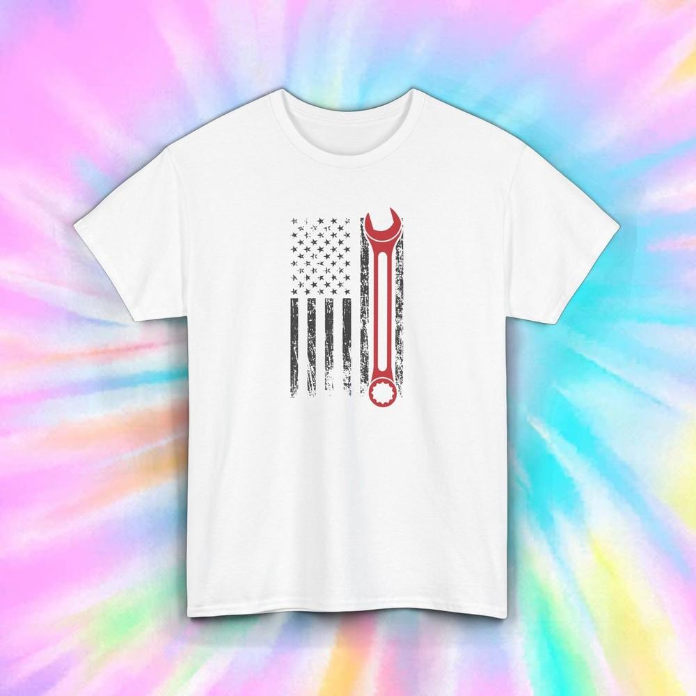 

Patriotic Wrench Flag Shirt S-5XL American Mechanic Gift Worker Pride Tee 4XL