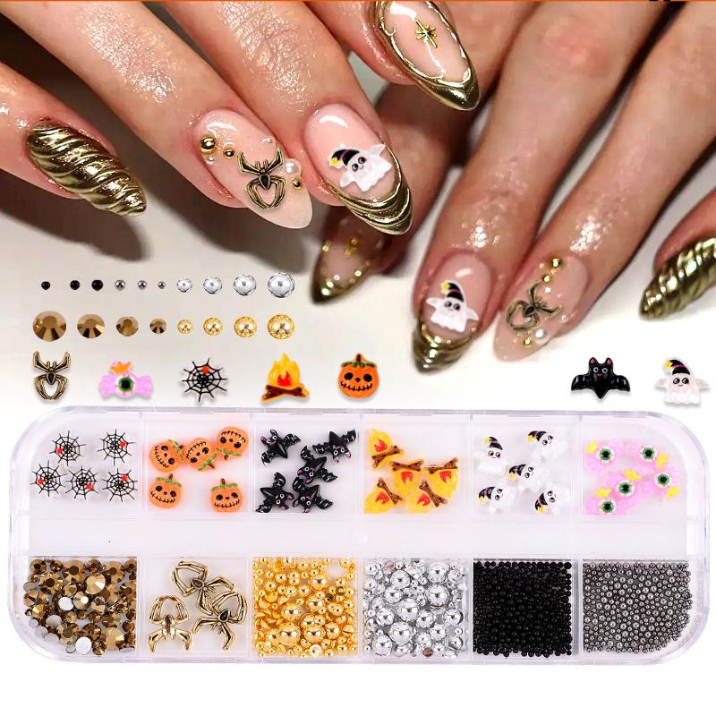 12 Grid Halloween Series Nail Art Jewelry Cartoon Ghost Pumpkin Spider Bat Nail Charms Diy Nail Art Decoration Accessories