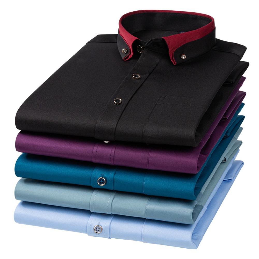 Men's Diamond Buttons & Contrast Collar Dress Shirt with Chest Pocket Long Sleeve Stretch Smooth Wrinkle-Free Easy Care Shirts