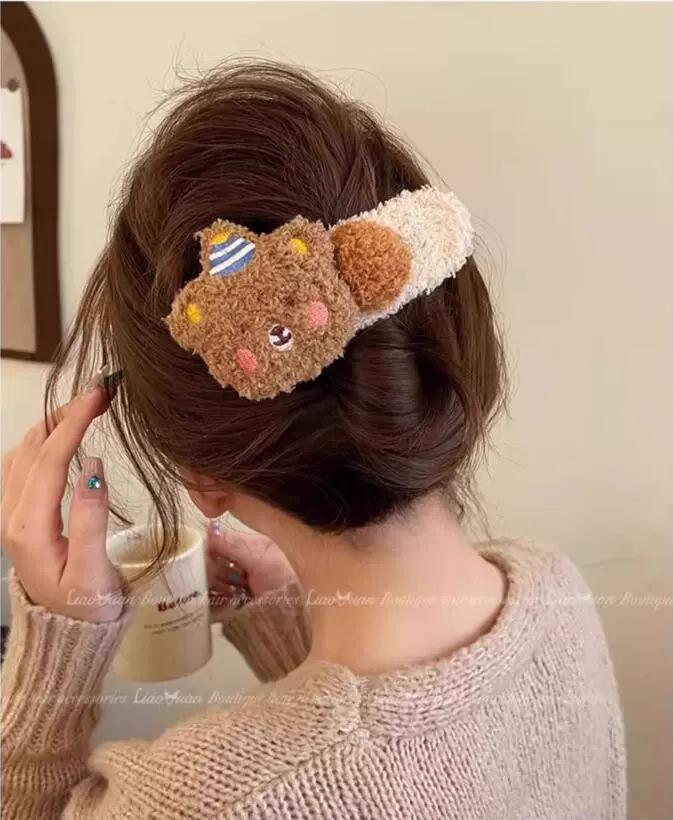 Cartoon pudding bear hairpin plush cute large female side broken hair forehead bangs autumn and winter duck bill clip headdress