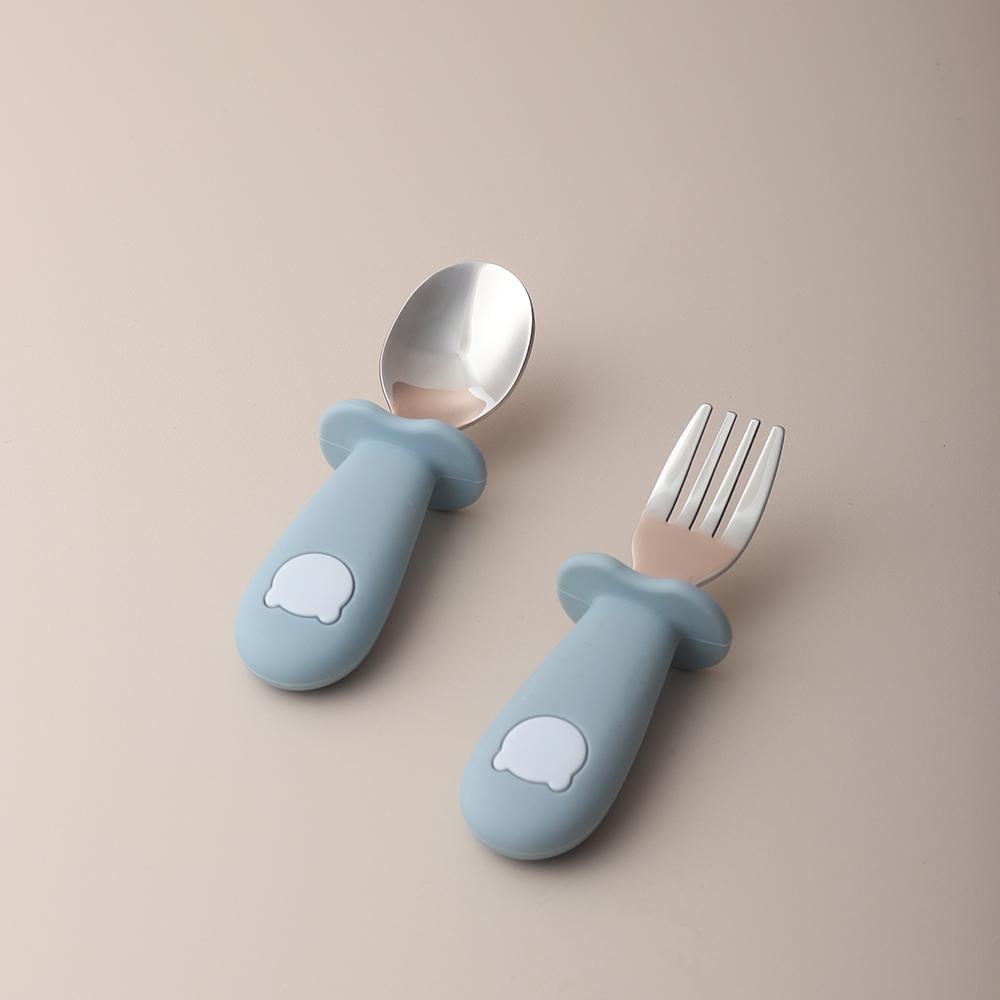 Baby panda shape silicone spoon and fork stainless steel baby feeding spoon синий