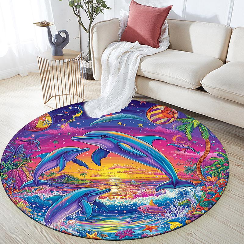 Dolphins Sunset Round Area Rug,Carpet Rug for Living Room Bedroom Sofa Playroom Decor,Non-slip Floor Mat