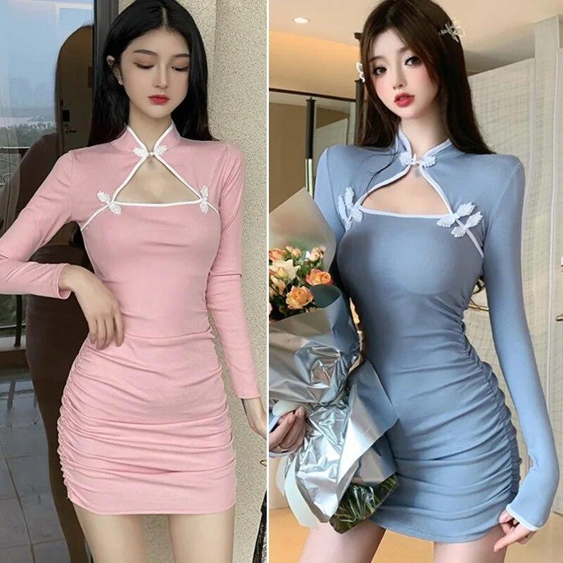 Damekontrastfarge Hollow Out Langermet Cheongsam-kjole