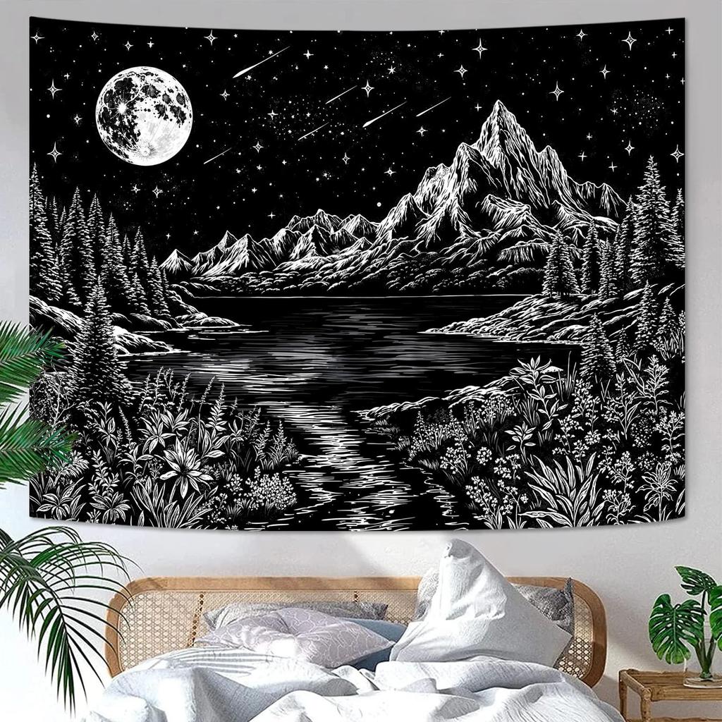 VIKAMA Black and White Starry Night Mountain Tapestry Bedroom Aesthetic Wall Hanging Living Room Dormitory Tapestry Home Decor