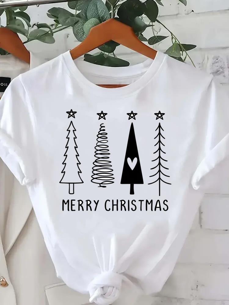 (Asian Size) star tree happy new year Tee merry Christmas festival O-neck Clothing Women's Top T Print Fashion ladies Graphic T-shirts