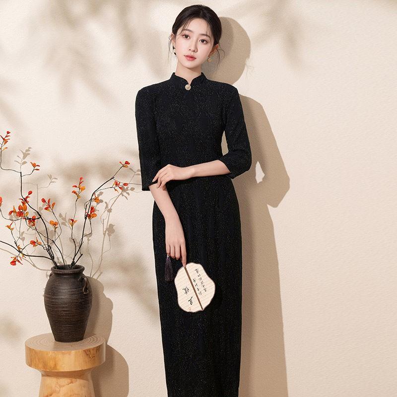 Black Modern Chinese-Inspired Long Sleeve Midi Dress With Stand Collar Side Slit Women 2026 Medium