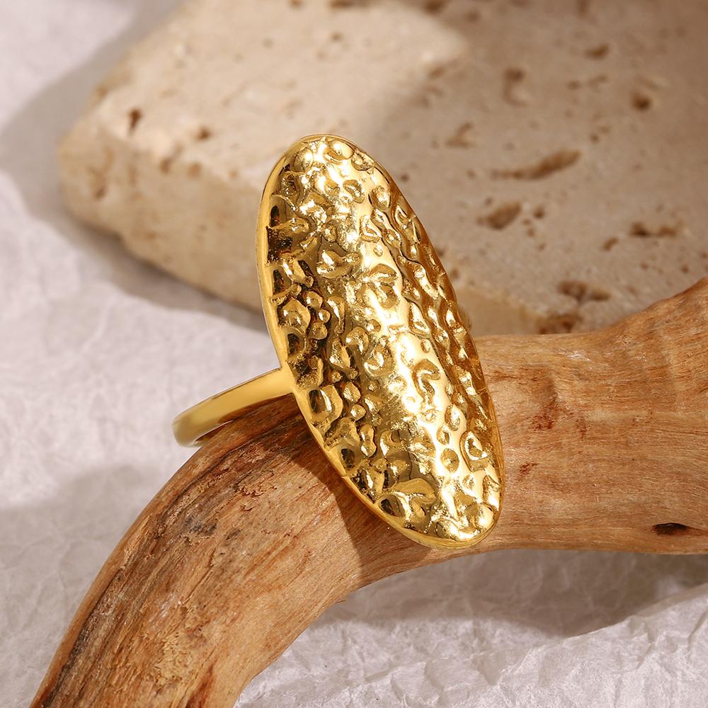 MamacitaSlay 316L Stainless Steel Oval Hammer Pattern Opening Ring Party Waterproof Jewelry Women's 18K Gold Plated Ring Gift