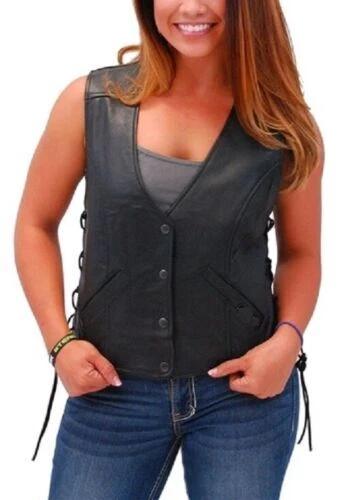 Classic Button 100% Waistcoat Black Women Vest Coat Western Lambskin Leather