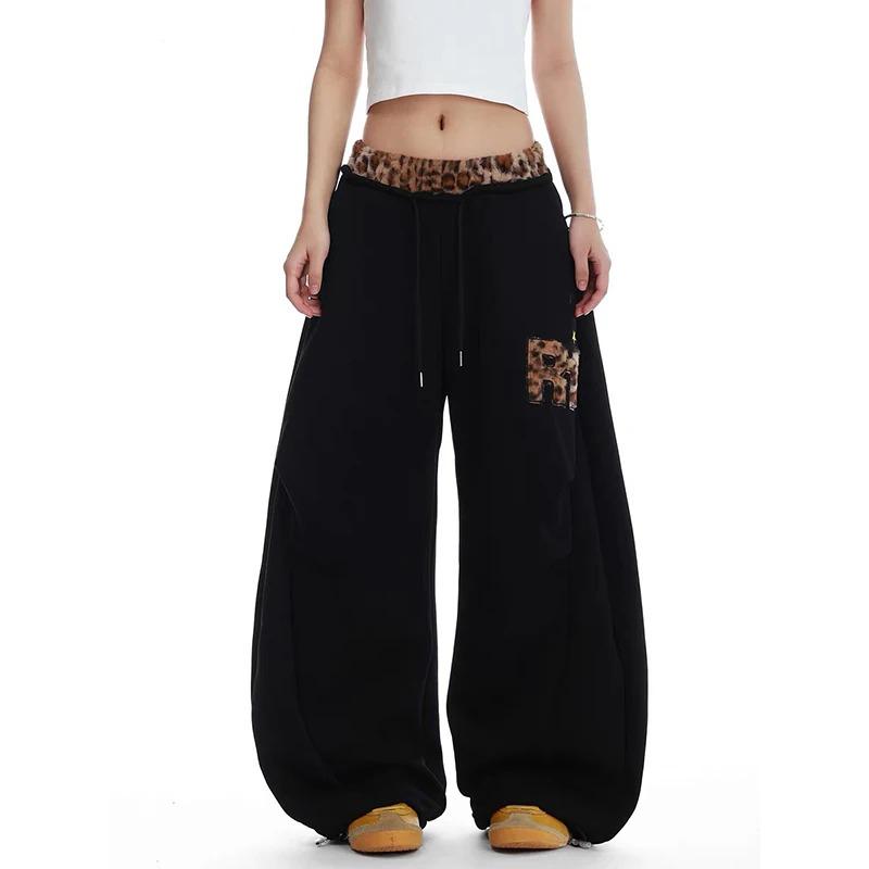 Damen Braun Jogginghose Baggy Leopard Patchwork Hose Harajuku Ästhetik Y2k Vintage Oversize Hose Herbst