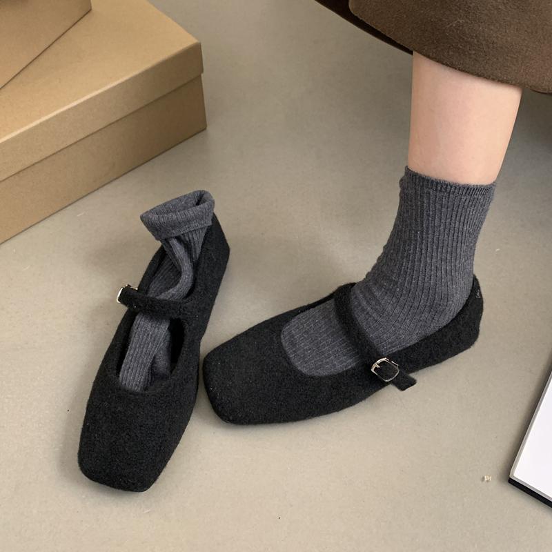 Fashion Fashion Square Toe Fleece Flet Ballet Flats Woman Winter Warm Wool Mary Jane Shoes Ladies Brand Design Elegant Plush Loafers