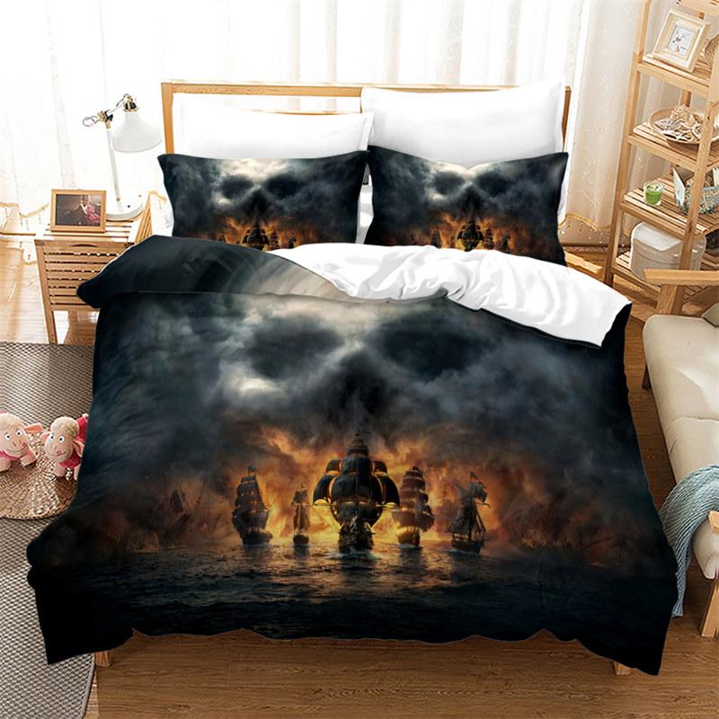 Vintage Pirate Sailboat Duvet Cover Nautical Ocean Theme Bedding Set Microfiber Diablo Style Comforter Cover King For Boys Teens