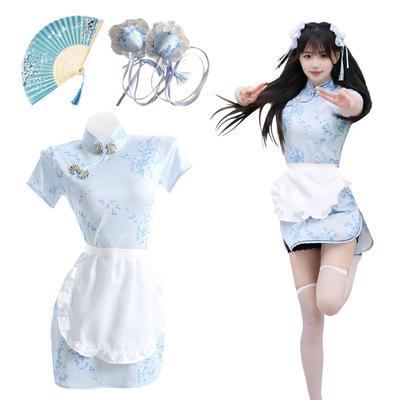 [Excellent Product] Cheongsam Girl Costume, Light Blue, Chinese Style, 4-Piece Set with Bun Cover, Sexy, Cute, and Moe, for Women (Blue, Size M)
