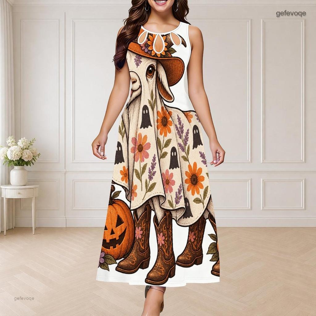 Women Plus Size Round Neck Triple Keyhole Cutout Sleeveless Maxi Dress Halloween Printed