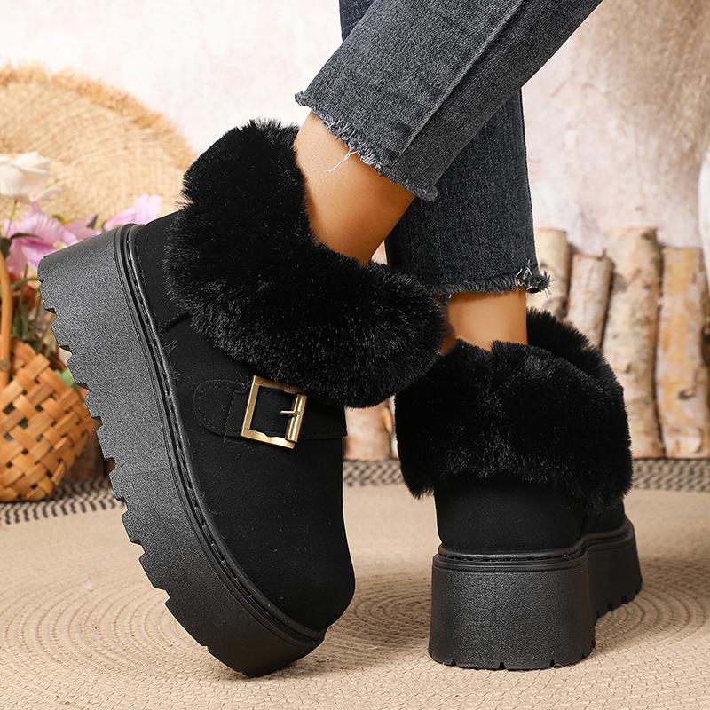 Fashion Thick Bottom Plush Winter Snow Boots Women Fluffy Faux Fur Platform Ankle Boots Woman Buckle Strap Non Slip Warm Cotton Shoes