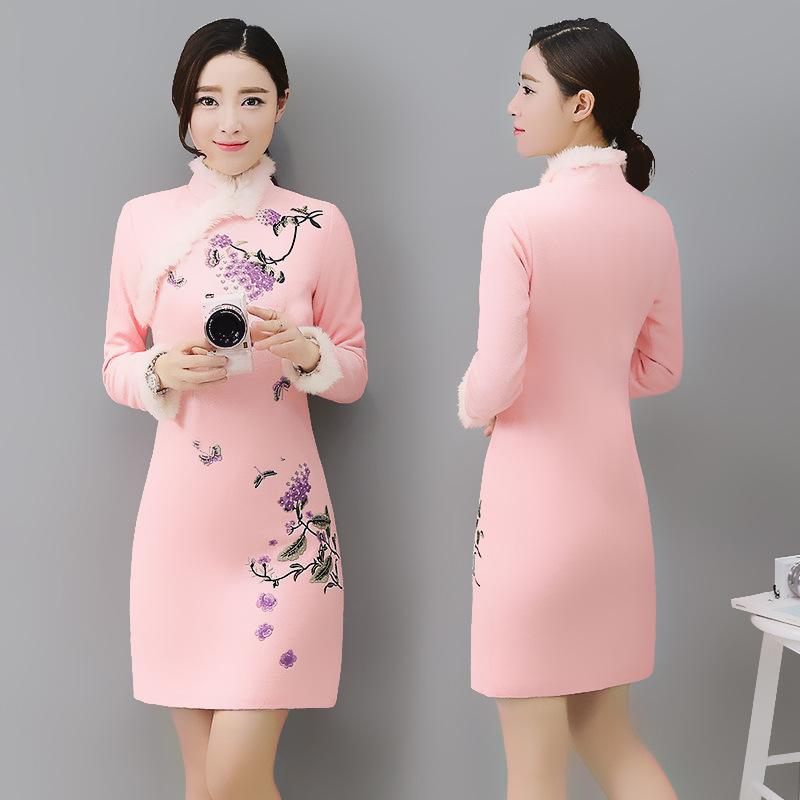 

Женское зимнее платье Cheongsam, элегантное утолщенное платье с длинными рукавами на флисовой подкладке большого размера