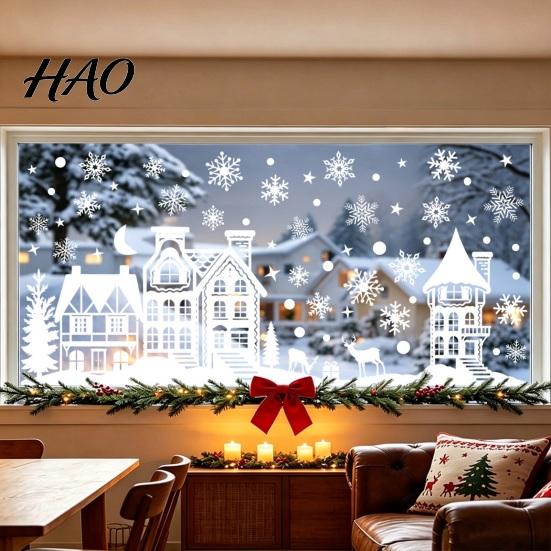Panoramic Christmas Town Window Decor 2Pcs Static Glass Sticker, Reusable Decal with Snowflake Village Decoration Pattern, Decorative Clings