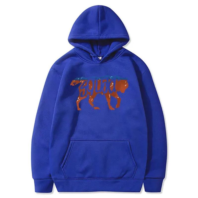 Wild-squad Men Hoodie Front Two-tone Wolf Outline Print, Rust Blue Wolf Figure Graphic, Thick Fleece Sweatshirt for Urban Daily Outfits