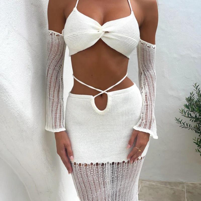 New Spring and Summer Chest Wrap Sleeve Top Lace-up Hollow Hip Skirt Knitted Women's Two-piece Set