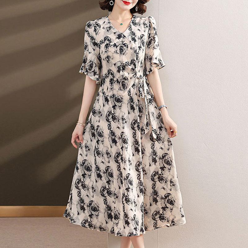 Elegant V-Neck Folds Drawstring Dresses Summer Rose Printed Women's A-Line Waist Korean Asymmetrical Long Dress