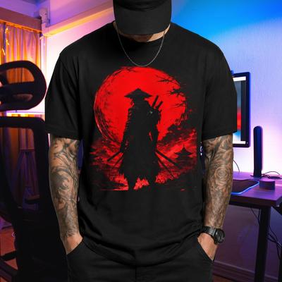 Samurai Silhouette T-Shirt | Red Moon Japanese Warrior Graphic Tee