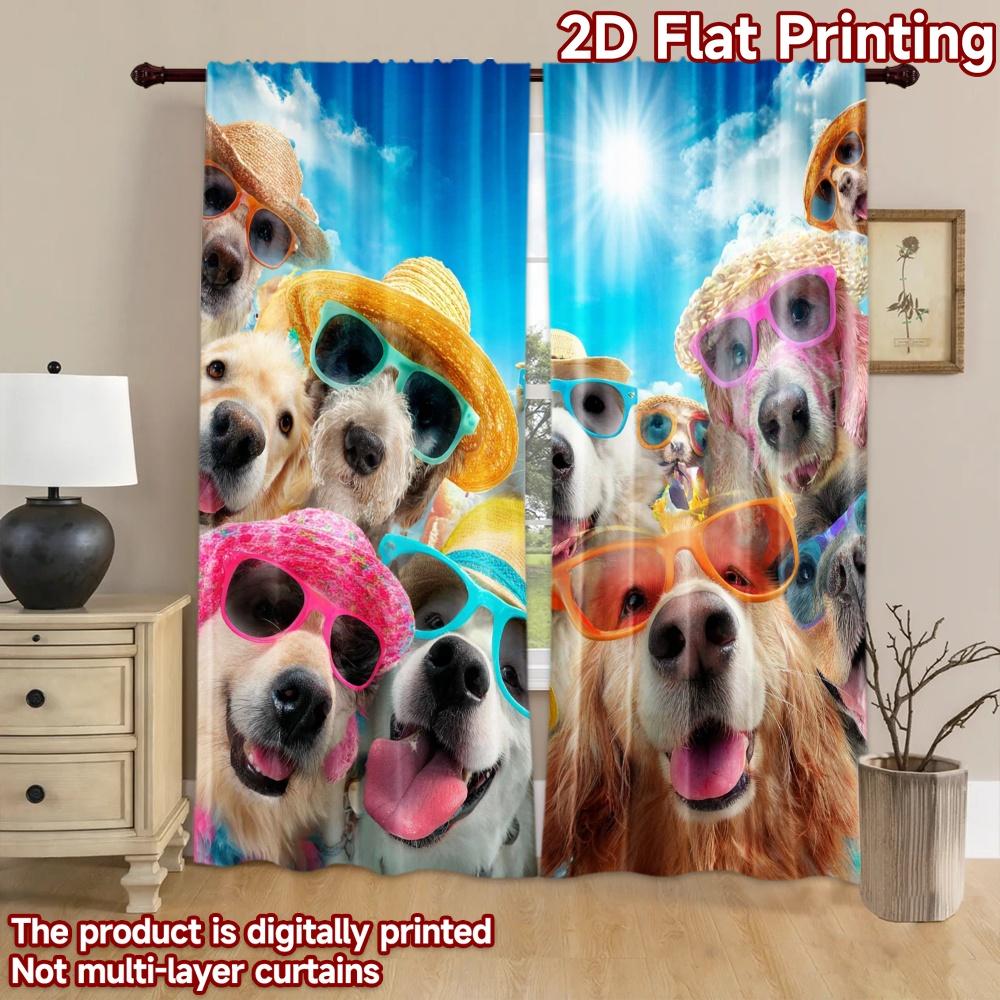 2D plattryck 2 st Fönstergardiner Hund Sommarlov Strandfest Digitaltryckta Polyestergardiner Semesterdekorationer för Ny