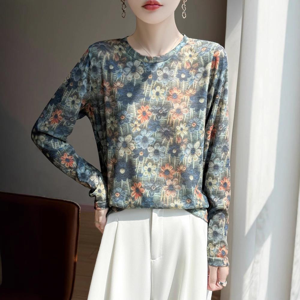Spring/Summer New Style Round-neck Knitted Sweater Long-Sleeve Women's Printed Multi-color Loose-Fitting Base Layer Shirt