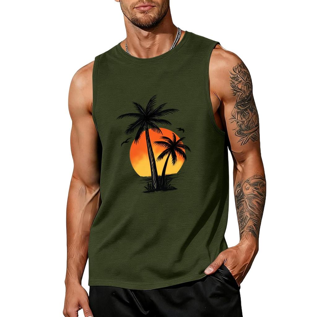 Men Sleeveless Crew Neck Tank Top with Tree and Print Relaxed Fit Casual Shirt for Summer Outdoor Use