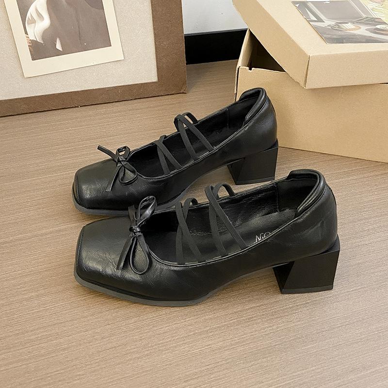 French Cross-strap Mary Jane Shoes Female Gentle Lady Thick Heel Square Head Light Mouth Bow Small Leather Shoes Retro Single Shoes