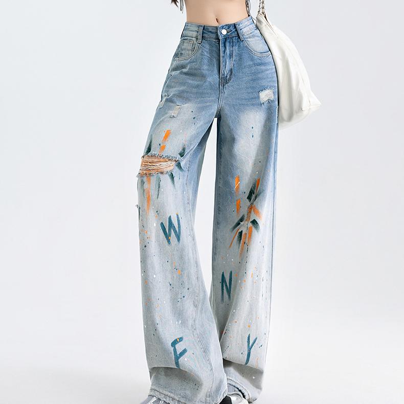 Pantaloni di Jeans a Vita Alta Strappati Gamba Larga Elasticizzati Comodi Street Fashion
