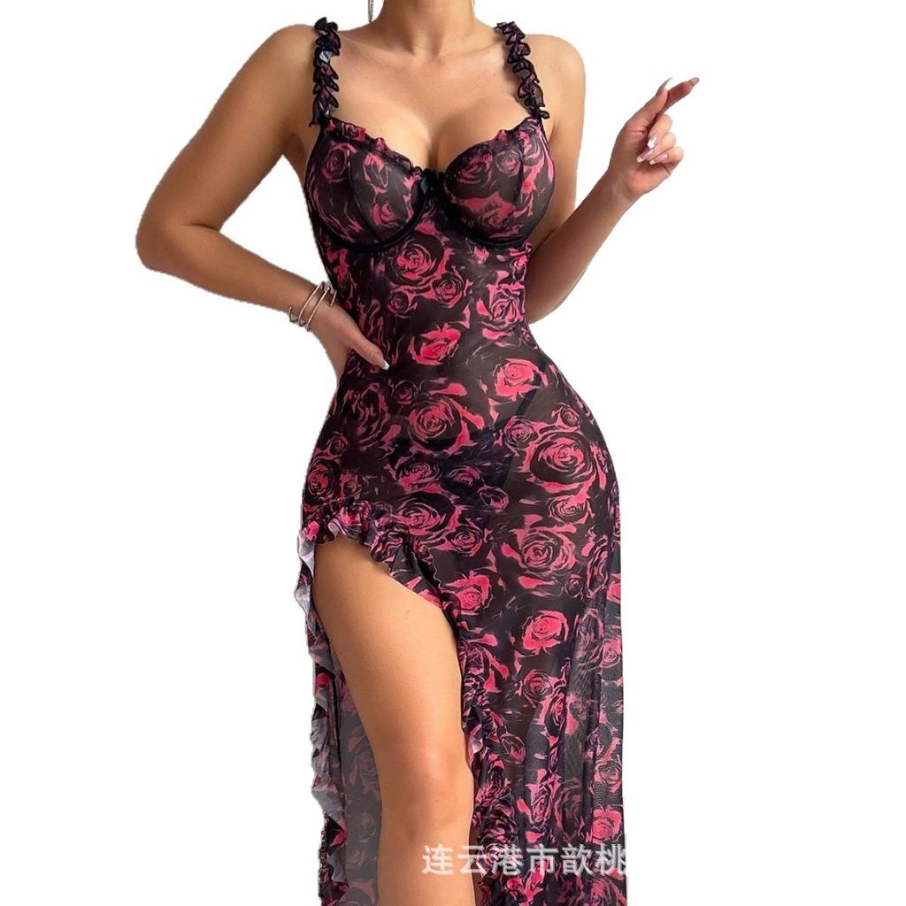 Sexy nightdress rose print underwear women's pajamas thong two-piece set European and American