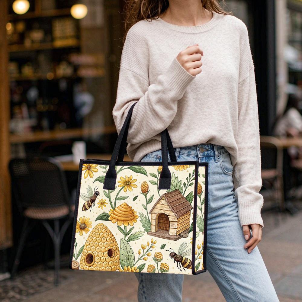 Honey Bee Print Casual Daily Tote Bag Cute Floral Pattern Outdoor Handbag