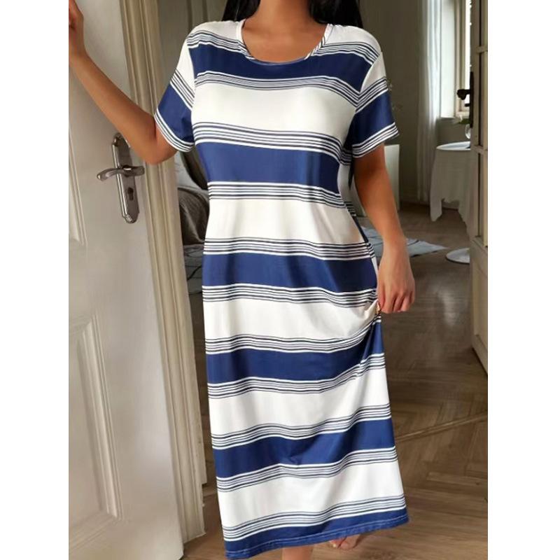 Europe and the United States 1011 new women's clothing striped dress long skirt casual round neck hot spring and summer new loose explosion