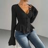 Women Tops Slim Fit V Neck Flared Long Sleeve Ruffle Detail Knitting Tops Solid Color Buttons Closure Winter Sweater