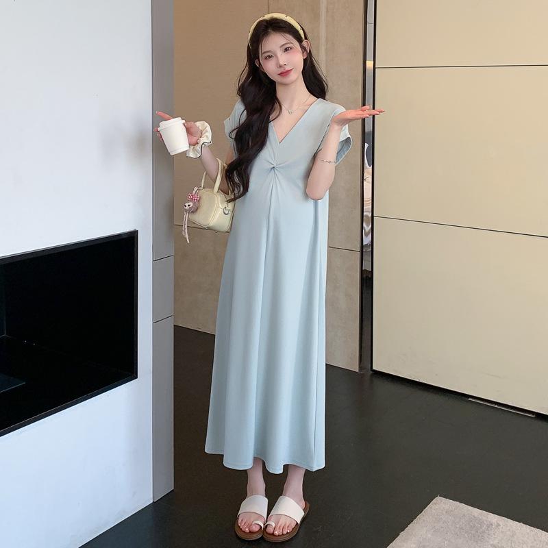 2026 Summer Maternity Knit Dress: Classic Round Neck, Slim Fit, Knot Short Sleeves, Plus Size XL
