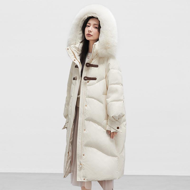 High-end White Duck Down Long Down Jacket Women's Winter New Fashion Buckle Thickened Large Fur Collar Knee Warm Jacket