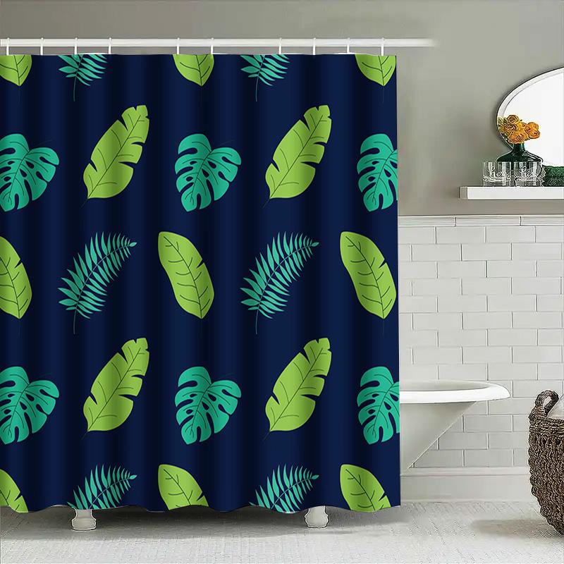 Feather Pattern Shower Curtain Green Monstera Leaf Design For Bathrooms Decor