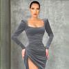 New Women's Elegant Sexy Square Neck Ruched High Waist Bodycon Split Dress Temperament Sexy Square Collar Retractable Small Dress