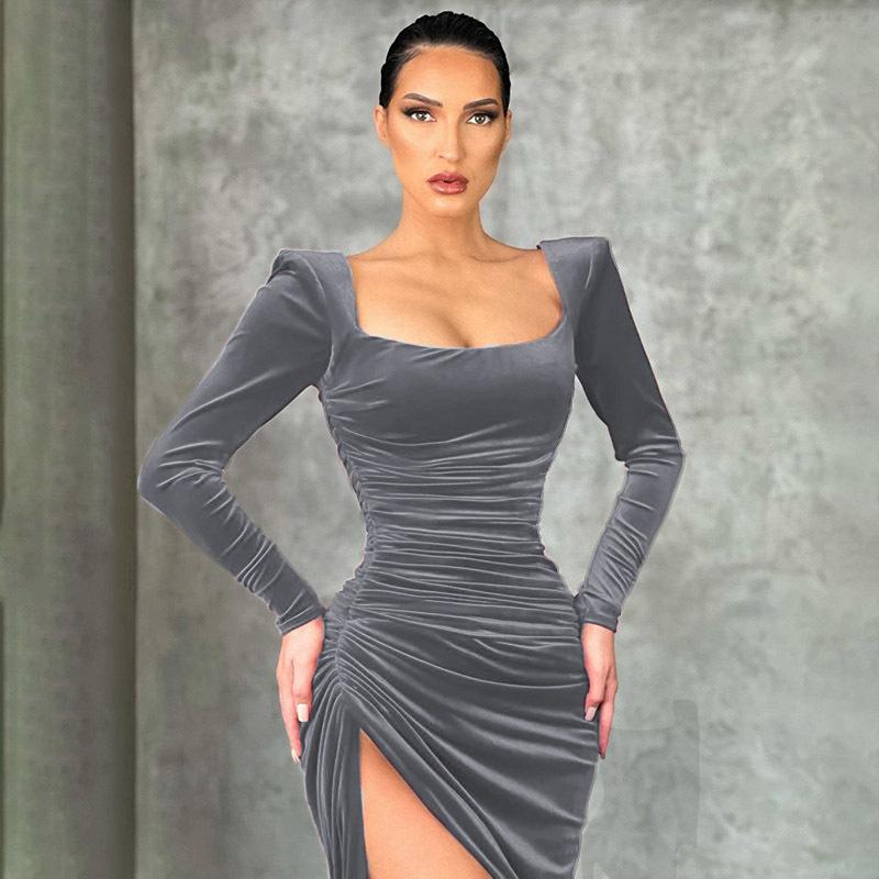 New Women's Elegant Sexy Square Neck Ruched High Waist Bodycon Split Dress Temperament Sexy Square Collar Retractable Small Dress