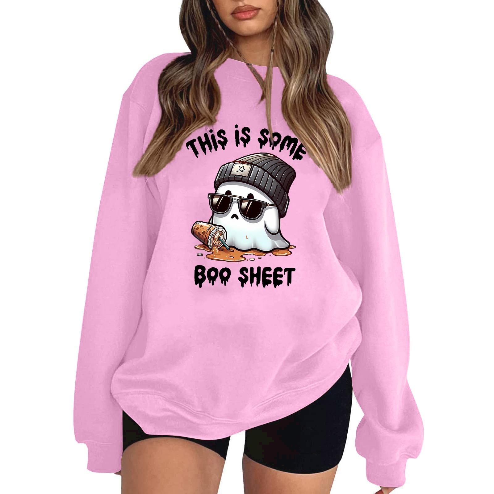 

Жіночий пуловер з принтом на Хеллоуїн, блуза з довгими рукавами, круглим вирізом і низькими плечима XXXL рожевий