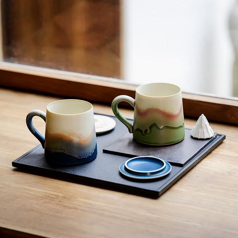 Xiangshang Shallow Mountain Blue & Green Ceramic Mug Pair with Lids