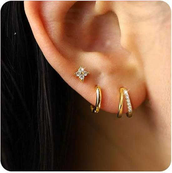 Elegant Zircon Silver Hoop Earrings with Double-Layer Ear Cuffs