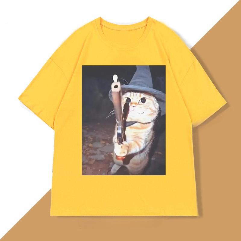 Funny Cat With Gun TShirt Magic Cat T Shirt Vintage Harajuku Short Sleeve Tee Casual ONeck Tee Shirts Streetwear Top