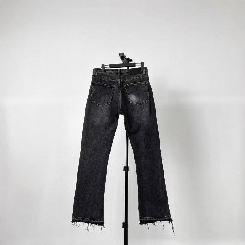 Mens Black Distressed Slim Fit Denim Jeans With Fringe Detail Vintage Washed Mid-Rise Flared Leg