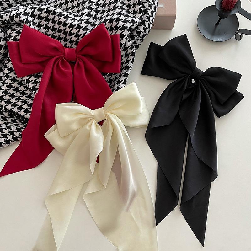 Women Trendy Korean Summer Headwear Black Satin Ribbon Big Bows Hairpin Spring Clips Hair Accessories